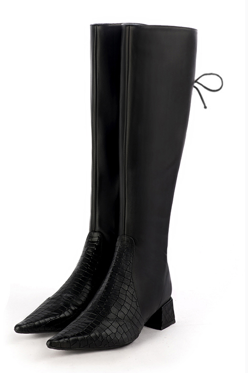 Satin black women's knee-high boots, with laces at the back. Pointed toe. Low flare heels. Made to measure. Front view - Florence KOOIJMAN